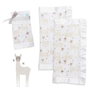 lulujo baby security lovie blankets| unisex softest breathable cotton muslin security blanket with silky satin trim| neutral comforting blanket for girls & boys | 16in by 16 in| llama