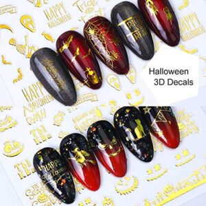 3D Halloween Nail Art Stickers for Women Gold Self-adhesive Nail Decals 9 Sheets Skull Witch Pumpkin Word Cat Ghost Nail Sticker Designs for Halloween Party Favor Supplies Manicure Tips Decorations