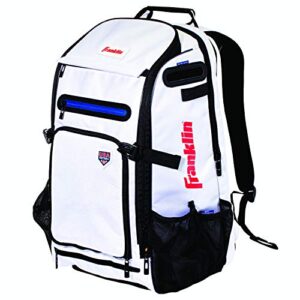 franklin sports fastpitch softball bat bag - usa traveler elite bat backpack - girls + women's equipment batpack - fits helmets, cleats + (2) bats - white