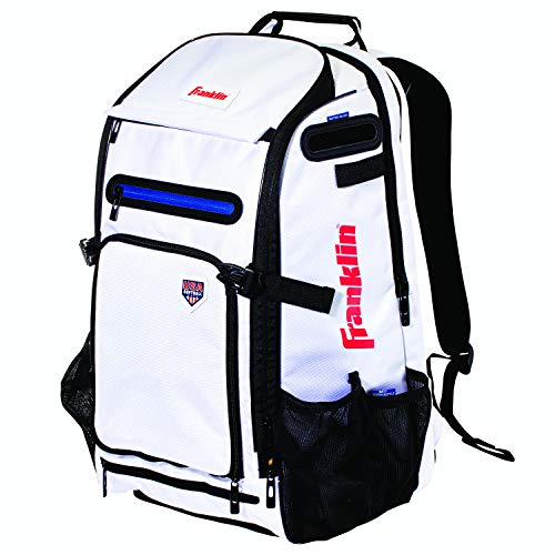 Franklin Sports Fastpitch Softball Bat Bag - USA Traveler Elite Bat Backpack - Girls + Women's Equipment Batpack - Fits Helmets, Cleats + (2) Bats - White