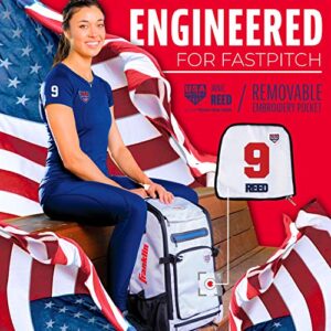 Franklin Sports Fastpitch Softball Bat Bag - USA Traveler Elite Bat Backpack - Girls + Women's Equipment Batpack - Fits Helmets, Cleats + (2) Bats - White