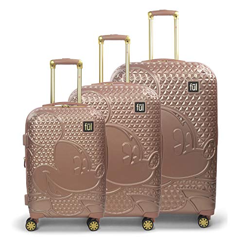 FUL Disney Mickey Mouse 3 Piece Rolling Luggage Set, Hardside Suitcase with Spinner Wheels, 21 Inch, 25 Inch and 29 Inch, Rose Gold