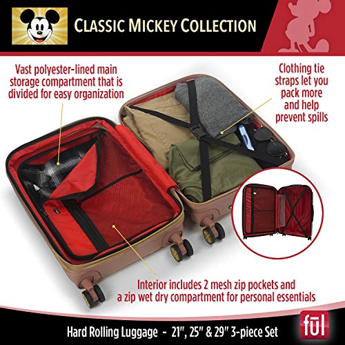 FUL Disney Mickey Mouse 3 Piece Rolling Luggage Set, Hardside Suitcase with Spinner Wheels, 21 Inch, 25 Inch and 29 Inch, Rose Gold