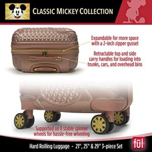 FUL Disney Mickey Mouse 3 Piece Rolling Luggage Set, Hardside Suitcase with Spinner Wheels, 21 Inch, 25 Inch and 29 Inch, Rose Gold