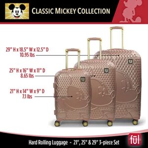 FUL Disney Mickey Mouse 3 Piece Rolling Luggage Set, Hardside Suitcase with Spinner Wheels, 21 Inch, 25 Inch and 29 Inch, Rose Gold