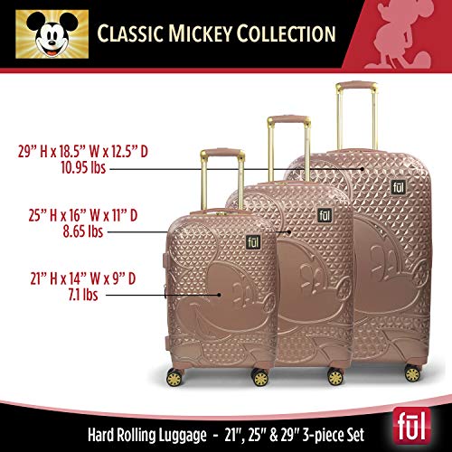 FUL Disney Mickey Mouse 3 Piece Rolling Luggage Set, Hardside Suitcase with Spinner Wheels, 21 Inch, 25 Inch and 29 Inch, Rose Gold