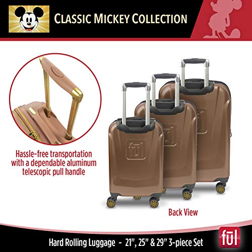 FUL Disney Mickey Mouse 3 Piece Rolling Luggage Set, Hardside Suitcase with Spinner Wheels, 21 Inch, 25 Inch and 29 Inch, Rose Gold