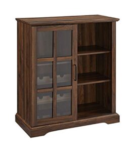 walker edison wood sliding glass door bar cabinet entryway serving wine storage doors dining room console, 36 inch, dark walnut
