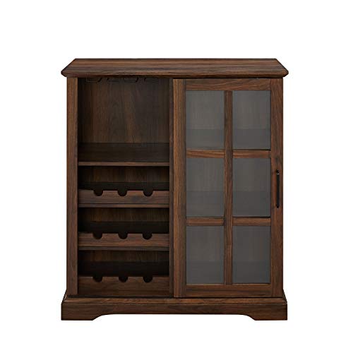 Walker Edison Wood Sliding Glass Door Bar Cabinet Entryway Serving Wine Storage Doors Dining Room Console, 36 Inch, Dark Walnut