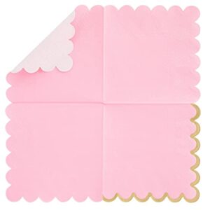 100 Pack Pink Scalloped Cocktail Napkins with Gold Foil Accents for Bridal and Baby Shower (3-Ply, 5 x 5 In)