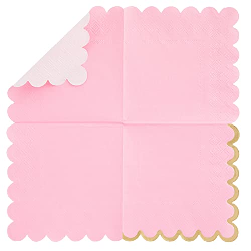 100 Pack Pink Scalloped Cocktail Napkins with Gold Foil Accents for Bridal and Baby Shower (3-Ply, 5 x 5 In)