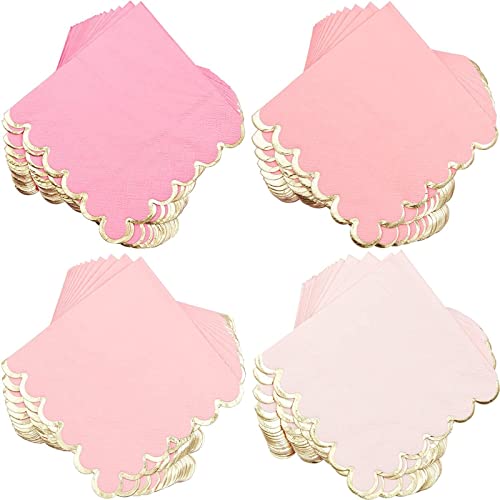 100 Pack Pink Scalloped Cocktail Napkins with Gold Foil Accents for Bridal and Baby Shower (3-Ply, 5 x 5 In)