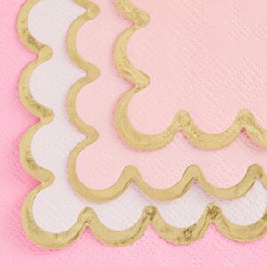 100 Pack Pink Scalloped Cocktail Napkins with Gold Foil Accents for Bridal and Baby Shower (3-Ply, 5 x 5 In)