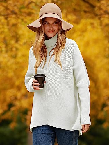 ANRABESS Womens Oversized Turtleneck Long Sleeve Sweater Asymmetric Hem Casual 2023 Fall Winter Pullover Knit Pullover Jumper Tops A87Bai-M White