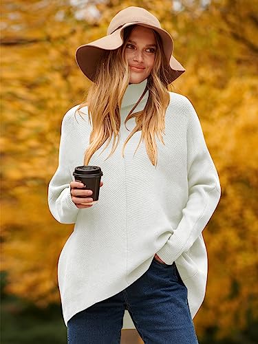 ANRABESS Womens Oversized Turtleneck Long Sleeve Sweater Asymmetric Hem Casual 2023 Fall Winter Pullover Knit Pullover Jumper Tops A87Bai-M White