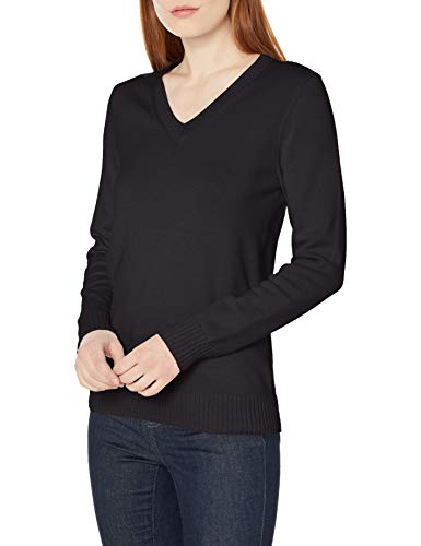 Amazon Essentials Women's 100% Cotton Long-Sleeve V-Neck Sweater, Black, Large