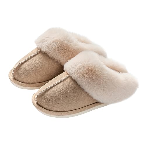 SOSUSHOE Womens Slippers Memory Foam Slippers Fluffy Slippers Warm Soft House Slippers for Women Non-Slip Indoor Outdoor,Khaki