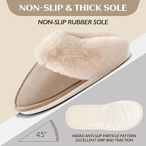 SOSUSHOE Womens Slippers Memory Foam Slippers Fluffy Slippers Warm Soft House Slippers for Women Non-Slip Indoor Outdoor,Khaki