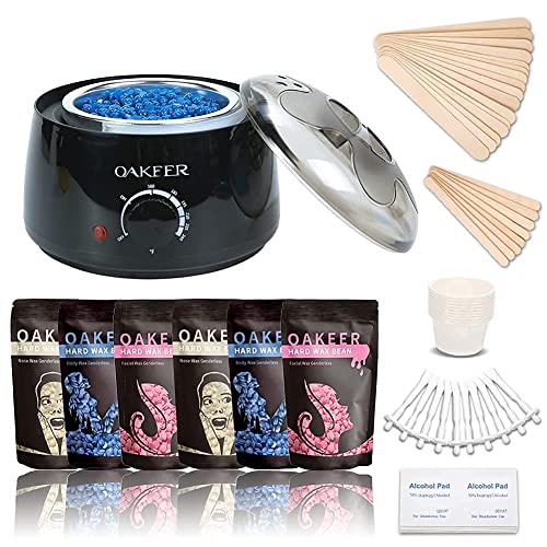 Oakeer Waxing Kit Women Men Wax Warmer Hair Removal at Home with 6 Bags Beans Body Waxing for Eyebrows Nose Cheeks Arms Bikinis Legs 62 Accessories