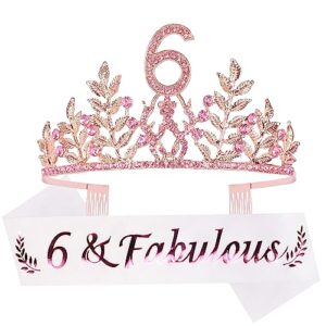 6th birthday sash and tiara for girls - fabulous glitter sash + leafs rhinestone pink premium metal tiara for girls, 6th birthday gifts for princess party