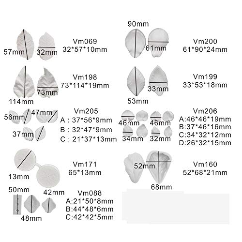 Art KITCHENWARE Sugarpaste Flower Making Tools 9pairs Petal Leaf Silicone Veiner Veining Molds 9sets Matched Fondant Cutters Hydrangea Tulip Carnation