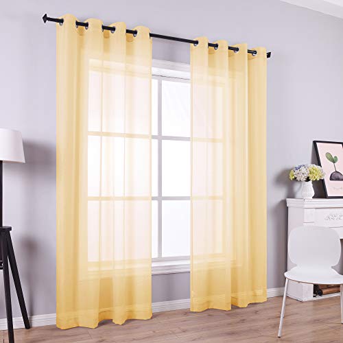 KOUFALL Yellow Sheer Curtains 84 Inches Long for Living Room Set 2 Grommet Faux Linen Soft Semi Transparent Voile Drape Window Sheer Curtains for Bedroom Boys 52x84 Length Solid Pair Bright Color