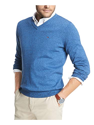 Tommy Hilfiger Men's Long Sleeve Cotton V-Neck Pullover Sweater, Cobalt/Navy Blazer, XX-Large