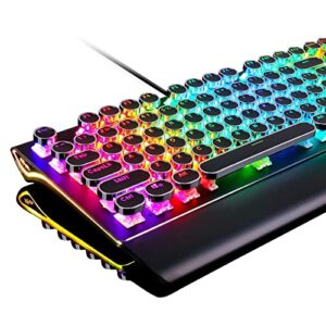 rk royal kludge s108 typewriter style retro mechanical gaming keyboard wired with true rgb backlit collapsible wrist rest 108-key blue switches round keycap - black