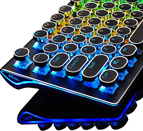 RK ROYAL KLUDGE S108 Typewriter Style Retro Mechanical Gaming Keyboard Wired with True RGB Backlit Collapsible Wrist Rest 108-Key Blue Switches Round Keycap - Black