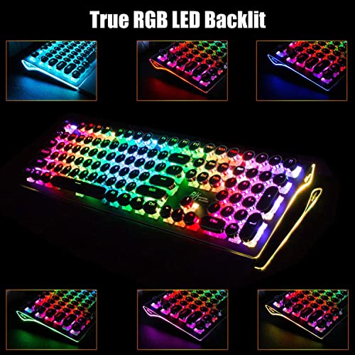 RK ROYAL KLUDGE S108 Typewriter Style Retro Mechanical Gaming Keyboard Wired with True RGB Backlit Collapsible Wrist Rest 108-Key Blue Switches Round Keycap - Black