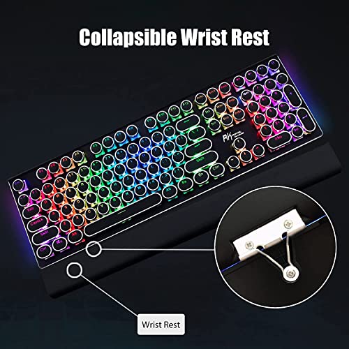 RK ROYAL KLUDGE S108 Typewriter Style Retro Mechanical Gaming Keyboard Wired with True RGB Backlit Collapsible Wrist Rest 108-Key Blue Switches Round Keycap - Black