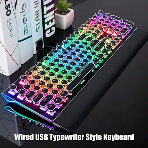 RK ROYAL KLUDGE S108 Typewriter Style Retro Mechanical Gaming Keyboard Wired with True RGB Backlit Collapsible Wrist Rest 108-Key Blue Switches Round Keycap - Black