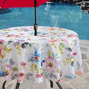 Benson Mills Spillproof Floral Spring/Summer Fabric Outdoor Tablecloth with Umbrella Hole, Zippered Table Cloth for Round Tables, Picnic/Patio (Harper, 70" Round with Umbrella Hole)