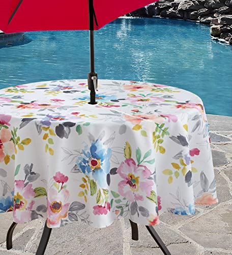 Benson Mills Spillproof Floral Spring/Summer Fabric Outdoor Tablecloth with Umbrella Hole, Zippered Table Cloth for Round Tables, Picnic/Patio (Harper, 70" Round with Umbrella Hole)