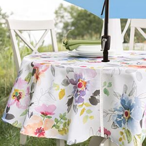 Benson Mills Spillproof Floral Spring/Summer Fabric Outdoor Tablecloth with Umbrella Hole, Zippered Table Cloth for Round Tables, Picnic/Patio (Harper, 70" Round with Umbrella Hole)