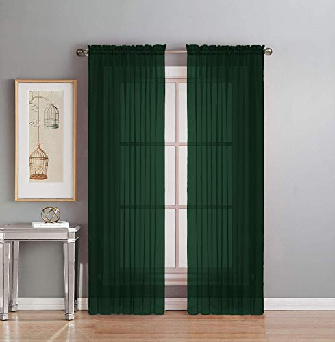 Interior Trends 2 Piece Fully Stitched Sheer Voile Window Panel Curtain Drape Set (84" Long, Hunter Green)