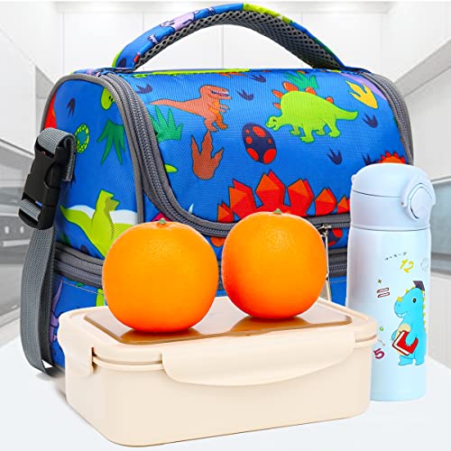 FlowFly Kids Double Decker Cooler Insulated Lunch Bag Large Tote for Boys, Girls, Men, Women, With Adjustable Strap, Dinosaur