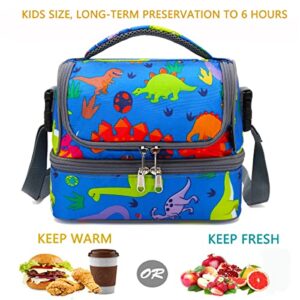 FlowFly Kids Double Decker Cooler Insulated Lunch Bag Large Tote for Boys, Girls, Men, Women, With Adjustable Strap, Dinosaur