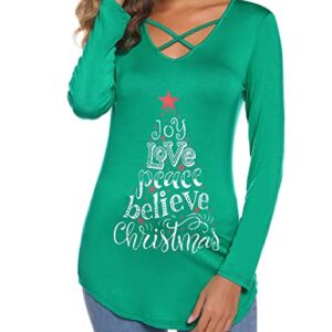 iClosam Women Christmas Letter Print Long Sleeve Tunic Shirts Criss Cross V-Neck Curved Hem Blouses Xmas Tops Sweatshirt Green L