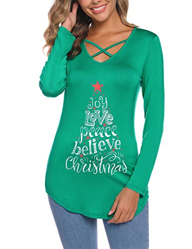 iClosam Women Christmas Letter Print Long Sleeve Tunic Shirts Criss Cross V-Neck Curved Hem Blouses Xmas Tops Sweatshirt Green L