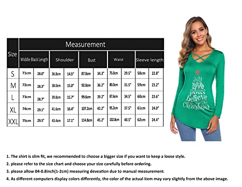 iClosam Women Christmas Letter Print Long Sleeve Tunic Shirts Criss Cross V-Neck Curved Hem Blouses Xmas Tops Sweatshirt Green L