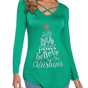 iClosam Women Christmas Letter Print Long Sleeve Tunic Shirts Criss Cross V-Neck Curved Hem Blouses Xmas Tops Sweatshirt Green L