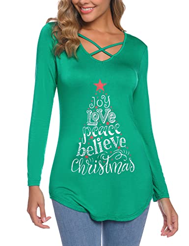 iClosam Women Christmas Letter Print Long Sleeve Tunic Shirts Criss Cross V-Neck Curved Hem Blouses Xmas Tops Sweatshirt Green L