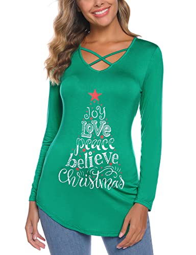 iClosam Women Christmas Letter Print Long Sleeve Tunic Shirts Criss Cross V-Neck Curved Hem Blouses Xmas Tops Sweatshirt Green L