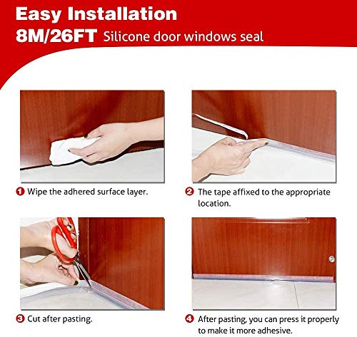 Weather Stripping Door Seal Strip,8M/26ft Door Strip Bottom for Doors Silicone Sealing Sticker Adhesive for Doors and Windows Gaps of Anti-Collision Silicone (25MM, Transparent)