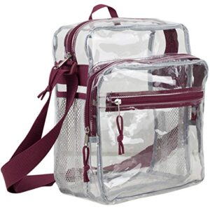 eastsport stadium approved clear bag w/adjustable crossbody strap 12” x 10” x 6” – see through transparent messenger bag - burgandy