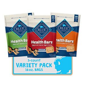 blue buffalo health bars natural crunchy dog treats biscuits, apple & yogurt, pumpkin & cinnamon, and bacon, egg, & cheese 16-oz variety pack, 3ct