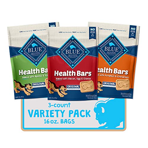 Blue Buffalo Health Bars Natural Crunchy Dog Treats Biscuits, Apple & Yogurt, Pumpkin & Cinnamon, and Bacon, Egg, & Cheese 16-oz Variety Pack, 3Ct