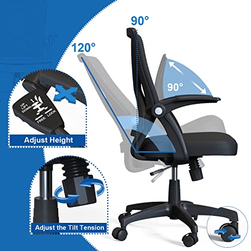 KOLLIEE Mid Back Mesh Office Chair Ergonomic Swivel Black Mesh Computer Chair Flip Up Arms with Lumbar Support Adjustable Height Task Chair