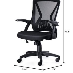 KOLLIEE Mid Back Mesh Office Chair Ergonomic Swivel Black Mesh Computer Chair Flip Up Arms with Lumbar Support Adjustable Height Task Chair